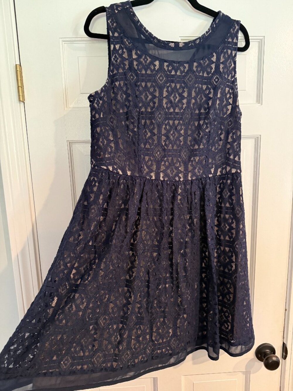 Navy Lace Fit & Flare Dress - Wedding Guest Cocktail Holiday Party